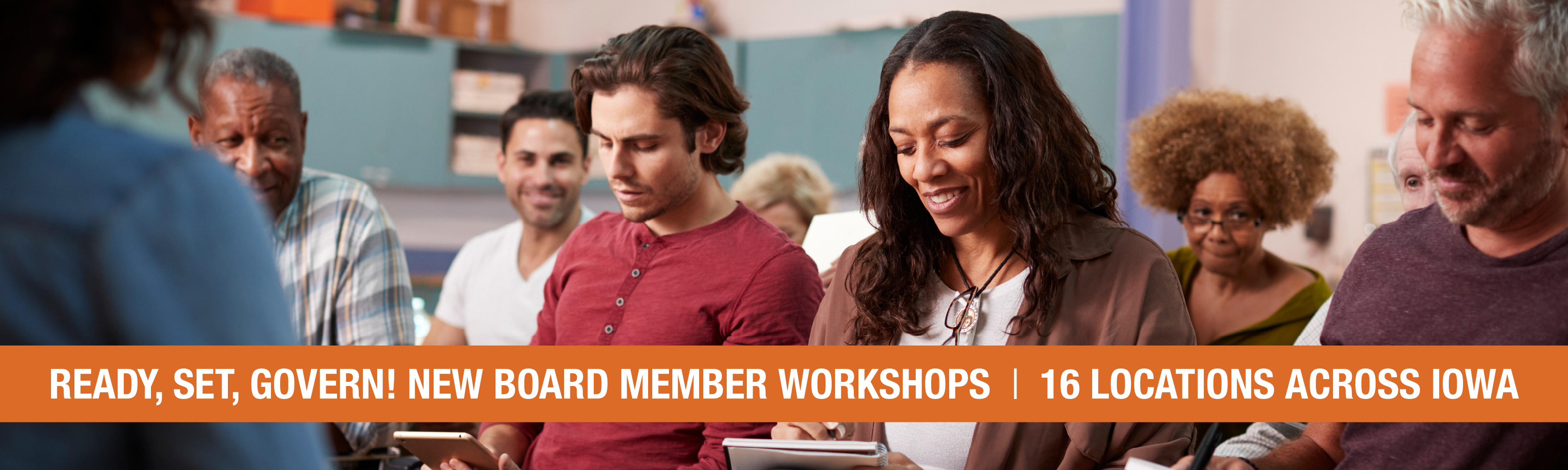 Register for a Ready, Set, Govern! new board member onboarding workshop! Image: Adults learning during a workshop.