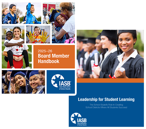 Image: Covers of the 2025-26 Board Member Handbook and Leadership for Student Learning publications.